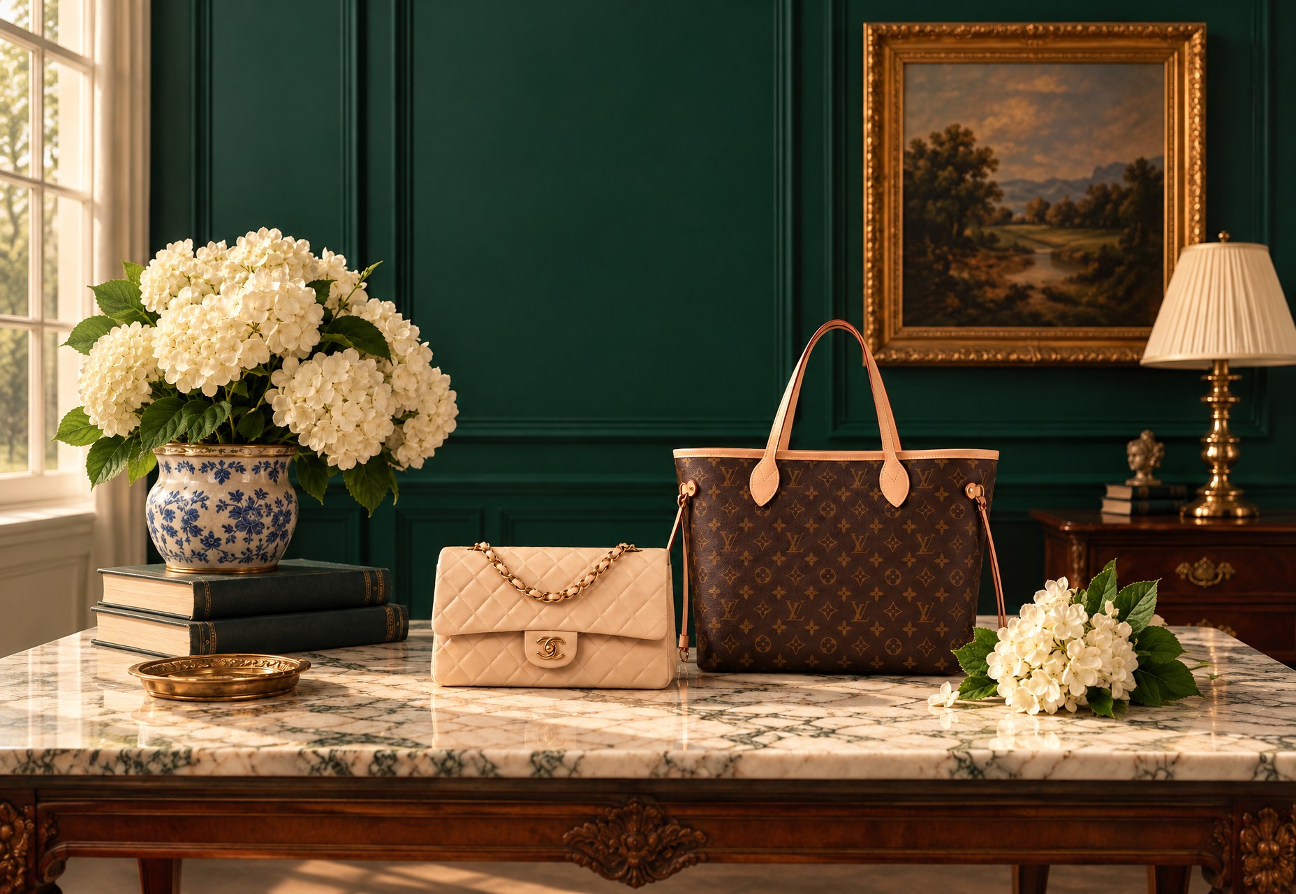 A cream quilted leather flap bag and a monogram canvas tote standing on a white marble table beside white hydrangeas in a blue-and-white porcelain vase, against deep green panelled walls
